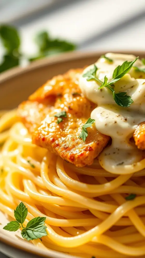 Chicken Spaghetti with Burrata and Lemon Garlic Sauce