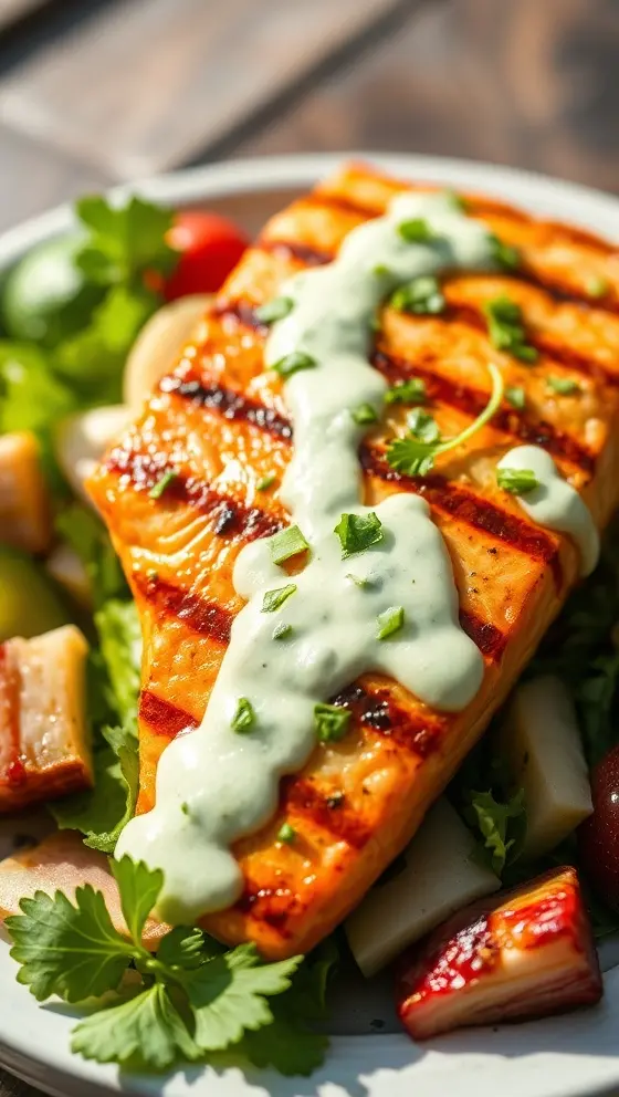 Grilled Salmon Salad with Creamy Cilantro Lime Dressing