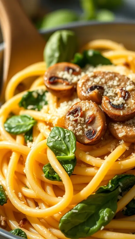 One Pot Garlic Parmesan Pasta with Spinach and Mushrooms