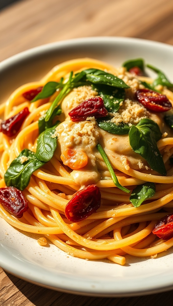 Spaghetti Spinach with Sun Dried Tomato Cream Sauce