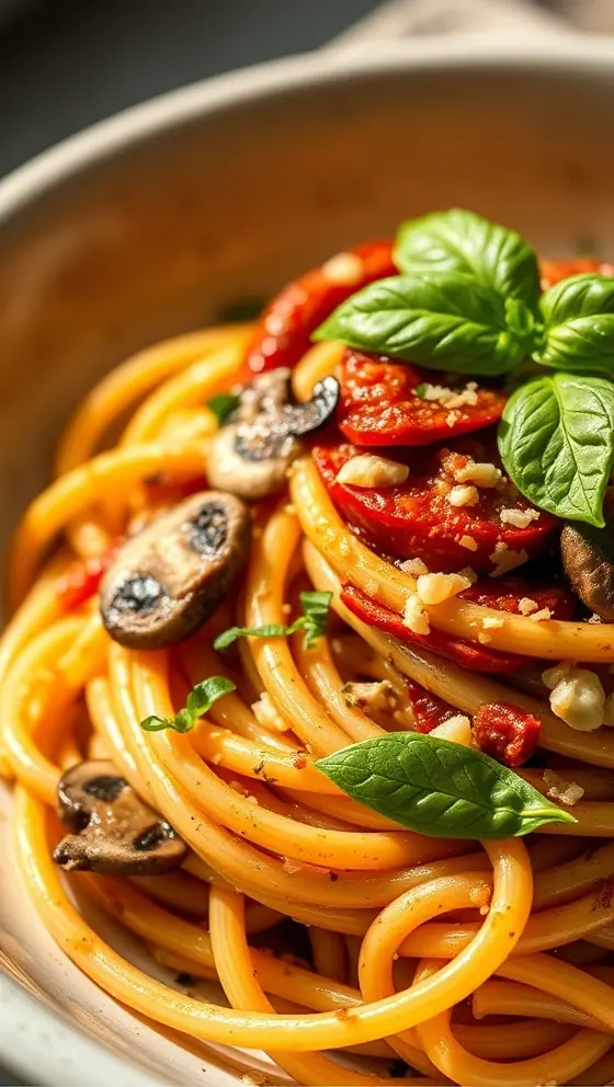 Sun Dried Tomato Pasta with Mushrooms and Basil Sauce